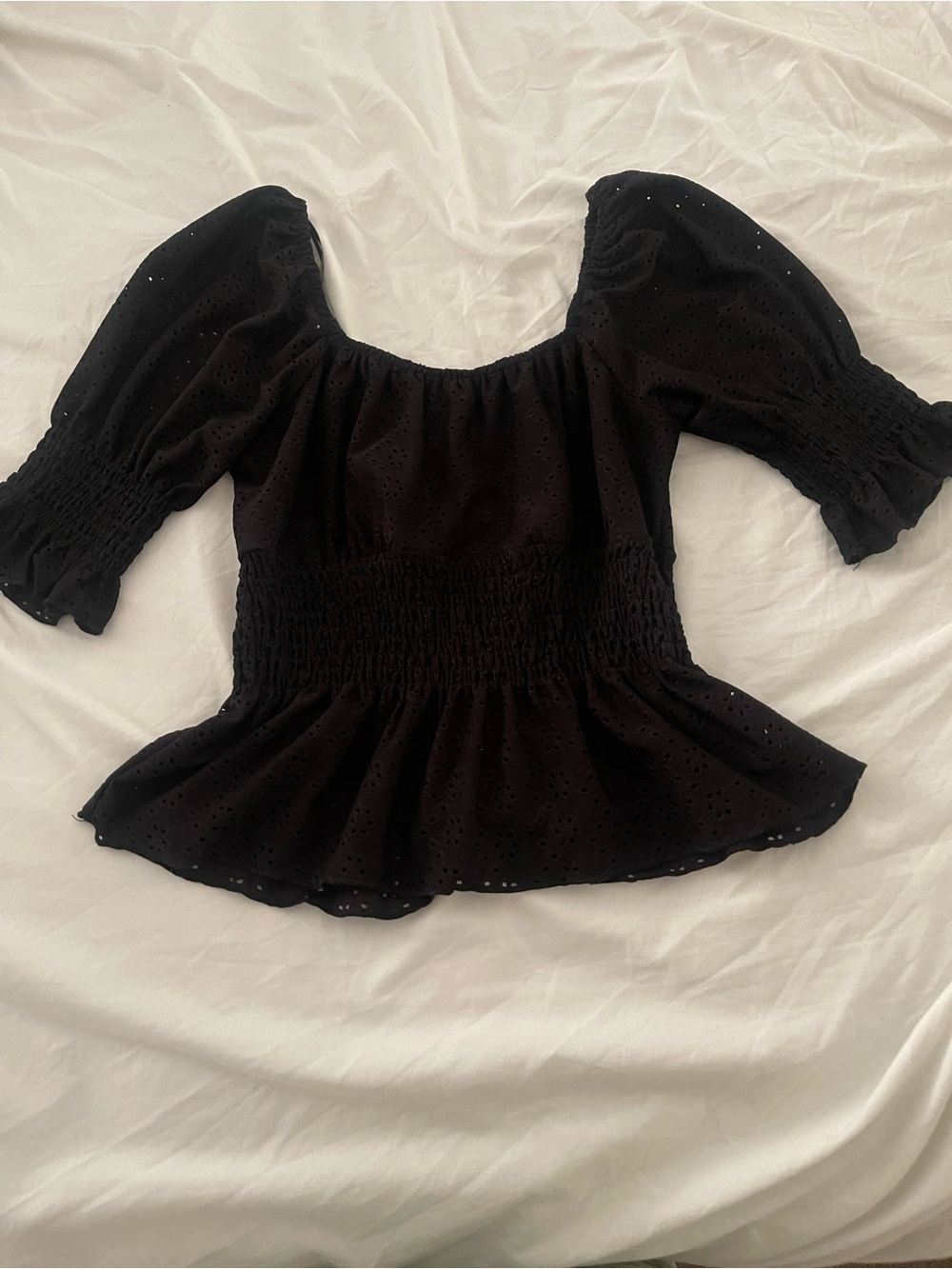 URBAN Romantics Black Smocked Eyelet Peplum Top